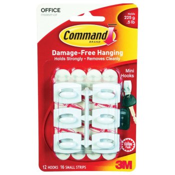 Command 17006-VP Adhesive Hook, 0.5 lb, 18-Hook, Plastic, White