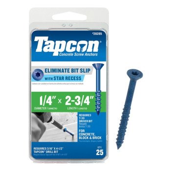 Tapcon 24285 Concrete Screw Anchor, 1/4 in Dia, 2-3/4 in L, Steel, Climaseal