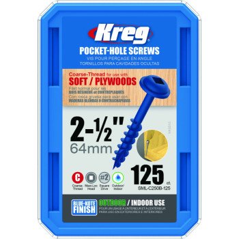 Kreg Blue-Kote SML-C250B-125 Pocket-Hole Screw, #8 Thread, Coarse Thread, Maxi-Loc Head, Square Drive, Carbon Steel, 125/PK