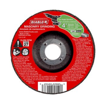 Diablo DBD040250701C Grinding Wheel, Applicable Materials: Cement, Cinder, Paver Stone, 4 in Dia, 1/4 in Thick