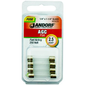 Jandorf 60629 Fast Acting Fuse, 0.05 Ohm, 2.5 A, 250 V, 100 A, 10 kA Interrupt, Glass Body