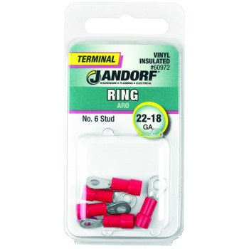 Jandorf 60972 Ring Terminal, 22 to 18 AWG Wire, #6 Stud, Vinyl Insulation, Copper Contact, Red