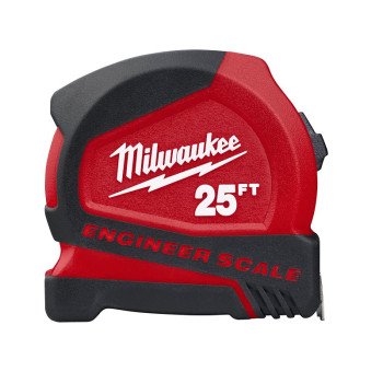 Milwaukee 48-22-6625E Tape Measure with Engineer Scale, 25 ft L Blade, 25 mm W Blade, Steel Blade, ABS/Rubber Case