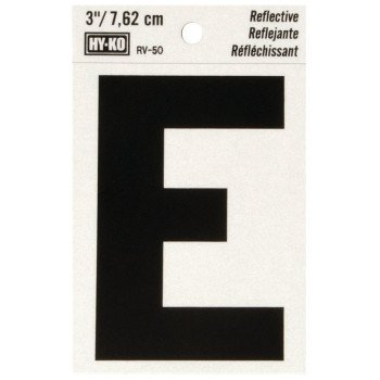 Hy-Ko RV-50/E Reflective Letter, Character: E, 3 in H Character, Black Character, Silver Background, Vinyl