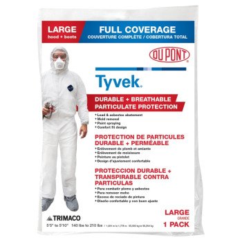 Trimaco COLORmaxx 141222/12 Protective Coveralls with Hood and Boots, L, Zipper Closure, Tyvek, White