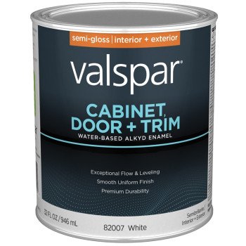 Valspar 8200 028.0082007.007 Cabinet, Door and Trim Paint Enamel, Water Base, Semi-Gloss Sheen, White Base, 1 gal