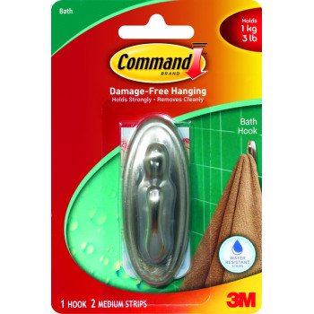 Command 17051BN-B Decorative Hook, 3 lb, 1-Hook, Plastic, Silver, Brushed Nickel