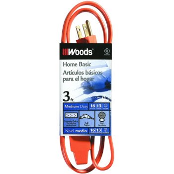 CCI 0814 Extension Cord, 16 AWG Cable, 3 ft L, 13 A, 125 V, Orange