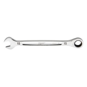 Milwaukee 45-96-9315 Ratcheting Combination Wrench, Metric, 15 mm Head, 8.17 in L, 12-Point, Steel, Chrome