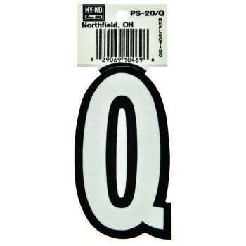 Hy-Ko PS-20/Q Reflective Letter, Character: Q, 3-1/4 in H Character, Black/White Character, Vinyl