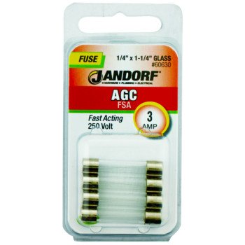 Jandorf 60630 Fast Acting Fuse, 0.04 Ohm, 3 A, 250 V, 100 A, 10 kA Interrupt, Glass Body