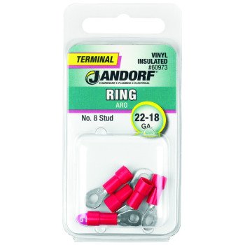 Jandorf 60973 Ring Terminal, 22 to 18 AWG Wire, #8 Stud, Vinyl Insulation, Copper Contact, Red