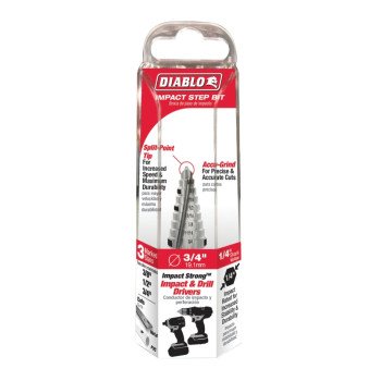 Diablo DSD0750S09 Step Drill Bit, 3/8 to 3/4 in Dia, 2-19/32 in OAL, Dual Flute, 1/4 in Dia Shank, Hex Shank