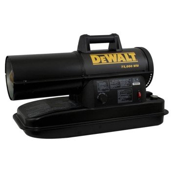 DEWALT F340760 Forced Air Heater, 6 gal Fuel Tank, Kerosene, 75,000 Btu/hr BTU, 1750 sq-ft Heating Area, Black