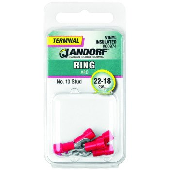 Jandorf 60974 Ring Terminal, 22 to 18 AWG Wire, #10 Stud, Vinyl Insulation, Copper Contact, Red