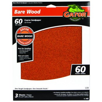 Gator 4462 Sanding Sheet, 11 in L, 9 in W, Coarse, 60 Grit, Garnet Abrasive, Paper Backing