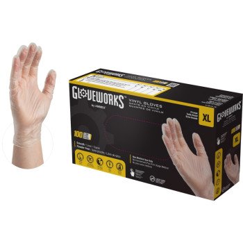 Gloveworks IVPF48100 Disposable Gloves, XL, 235 mm L, Vinyl, Clear, Powder-Free