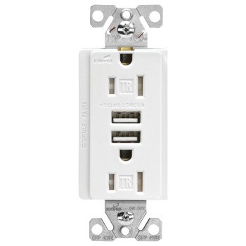 Eaton TR7765W-KB-L USB Combination Receptacle, White, 2-Pole, 15 A at 125 VAC, 3.6 A at 5 VDC, 125 VAC, 5 VDC