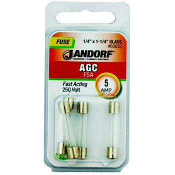 Jandorf 60632 Fast Acting Fuse, 5 A, 250 V, 200 A, 10 kA Interrupt, Glass Body