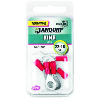 Jandorf 60975 Ring Terminal, 22 to 18 AWG Wire, 1/4 in Stud, Vinyl Insulation, Copper Contact, Red