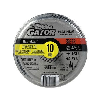 Gator 975110 Cut-Off Wheel, 4-1/2 in Dia, 0.063 Thick, 7/8 in Arbor, Aluminum Oxide Abrasive