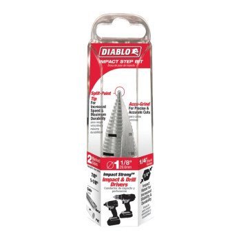 Diablo DSD1125S17 Step Drill Bit, 7/8 to 1-1/8 in Dia, 3-1/32 in OAL, Dual Flute, 1/4 in Dia Shank, Hex Shank