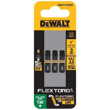 DEWALT FlexTorq DWAF1TX30IR3 Screwdriver Bit, T30 Drive, Torx Drive, 1/4 in Shank, Hex Shank, 1 in L, Steel