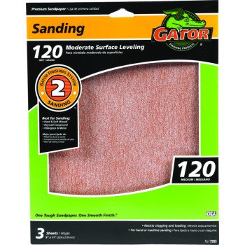 Gator 7263 Sanding Sheet, 11 in L, 9 in W, 120 Grit, Fine, Aluminum Oxide Abrasive