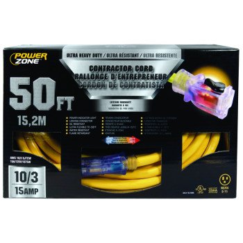 PowerZone ORP511930 Contractor Cord, 10 AWG Cable, 50 ft L, 15 A, 125 V, Yellow