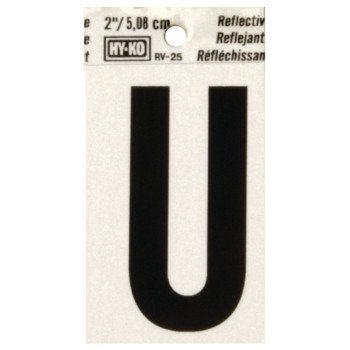 Hy-Ko RV-25/U Reflective Letter, Character: U, 2 in H Character, Black Character, Silver Background, Vinyl