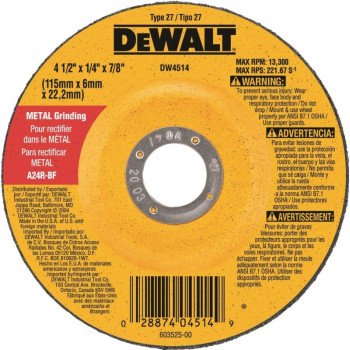 DEWALT DW4514 Grinding Wheel, Applicable Materials: Ferrous Metal, Stainless Steel, 4-1/2 in Dia, 1/4 in Thick, 24 Grit