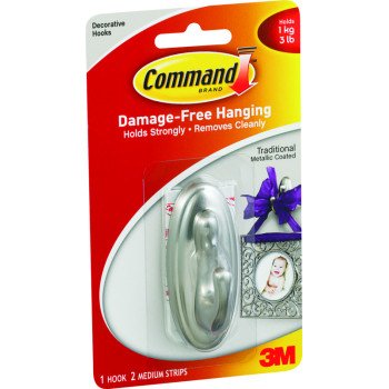 Command 17051BN Decorative Hook, 3 lb, 1-Hook, Plastic, Silver, Brushed Nickel