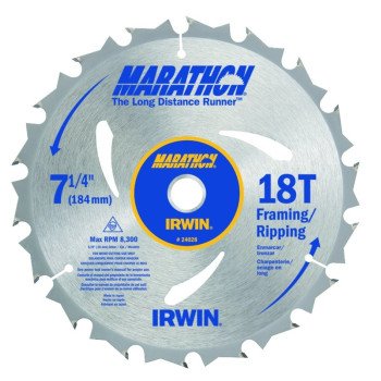 Irwin Marathon 24028 Circular Saw Blade, 7-1/4 in Dia, 5/8 in Arbor, 18-Teeth, Carbide Cutting Edge