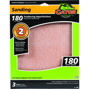 Gator 7265 Sanding Sheet, 11 in L, 9 in W, Extra Fine, 180 Grit, Aluminum Oxide Abrasive, Paper Backing