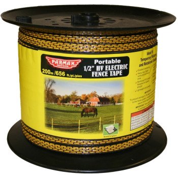 Parmak Equi-Tape 129 HV Electric Fence Tape, 656 ft L x 1/2 in W Dimensions, Heavy-Duty, Aluminum, Black/Yellow