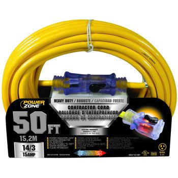 PowerZone ORP511730 Contractor Cord, 14 AWG Cable, 50 ft L, 15 A, 125 V, Yellow