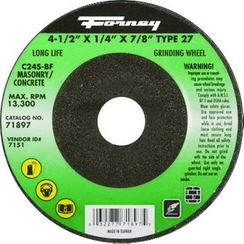 Forney 71897 Grinding Wheel, 4-1/2 in Dia, 1/4 in Thick, 7/8 in Arbor, 24 Grit, Coarse, Silicone Carbide Abrasive