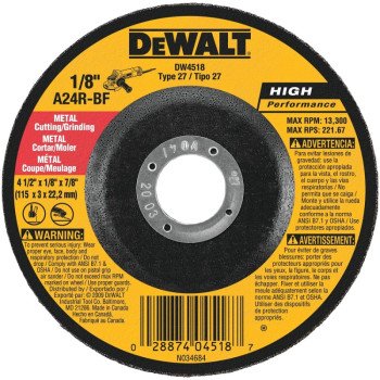 DEWALT DW4518 Grinding Wheel, Applicable Materials: Metal, 4-1/2 in Dia, 1/8 in Thick, 7/8 in Arbor, 24 Grit