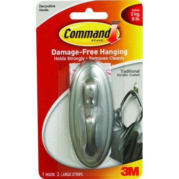 Command 17053BN Decorative Hook, 5 lb, 1-Hook, Plastic, Silver, Brushed Nickel