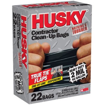 Husky HK42WC022B Contractor Clean-Up Bag, 42 gal Capacity, Poly, Black