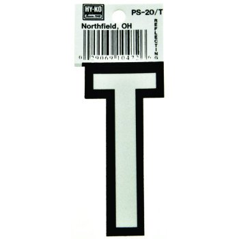 Hy-Ko PS-20/T Reflective Letter, Character: T, 3-1/4 in H Character, Black/White Character, Vinyl