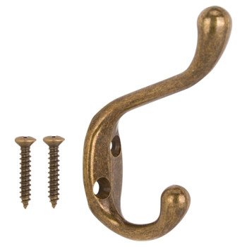 ProSource H6271007AB-PS Coat and Hat Hook, 22 lb, 2-Hook, 1-1/64 in Opening, Zinc, Antique Brass