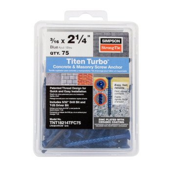 Simpson Strong-Tie Titen Turbo TNT18214TFC75 Screw Anchor, 3/16 in Dia, 2-1/4 in L, Carbon Steel