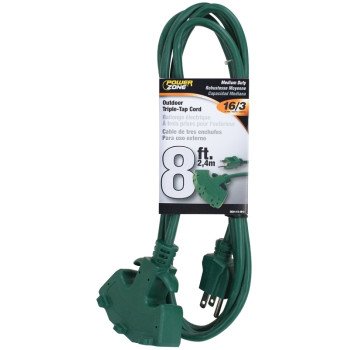 PowerZone ORY605608 Extension Cord, 16 AWG Cable, 8 ft L, 5-15P Grounded Plug, 3 -Socket, 13 A, 125 V, Green