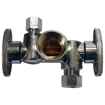 Plumb Pak K2902DHLF Dual Shut-Off Valve, 1/2 x 3/8 x 1/4 in Connection, FIP x Compression, 250 psi Pressure, Brass Body