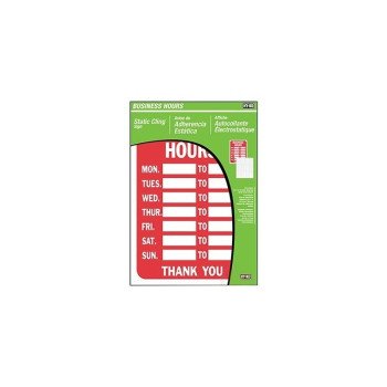 Hy-Ko KIT-603 Static Cling Kit, BUSINESS HOURS, Red Legend, White Background, Plastic, 8-1/2 in W x 12 in H Dimensions