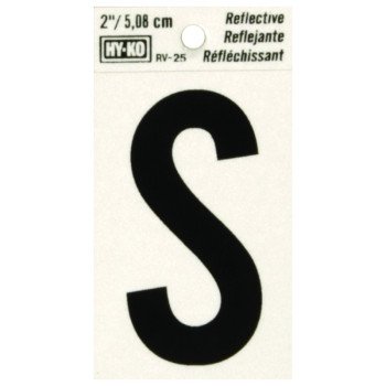 Hy-Ko RV-25/S Reflective Letter, Character: S, 2 in H Character, Black Character, Silver Background, Vinyl