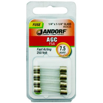 Jandorf 60635 Fast Acting Fuse, 7.5 A, 250 V, 200 A, 10 kA Interrupt, Glass Body