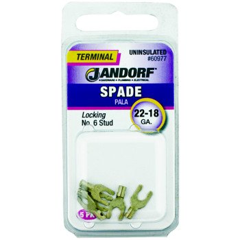 Jandorf 60977 Spade Terminal, 600 V, 22 to 18 AWG Wire, #6 Stud, Copper Contact, 5/PK