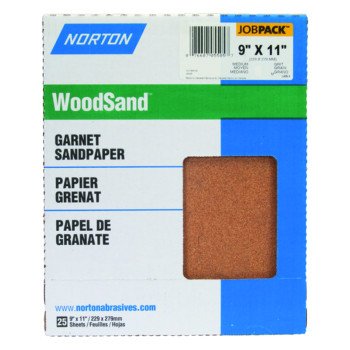 Norton WoodSand 07660705504 Sanding Sheet, 11 in L, 9 in W, Coarse, 80 Grit, Garnet Abrasive, Paper Backing